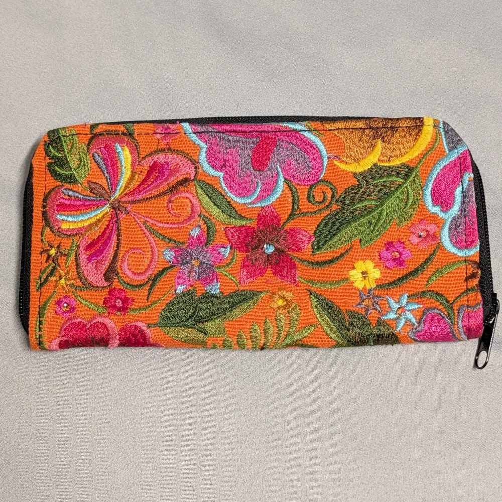 Beautiful Hand Embroidered Colorful Floral Zip Around Wallet